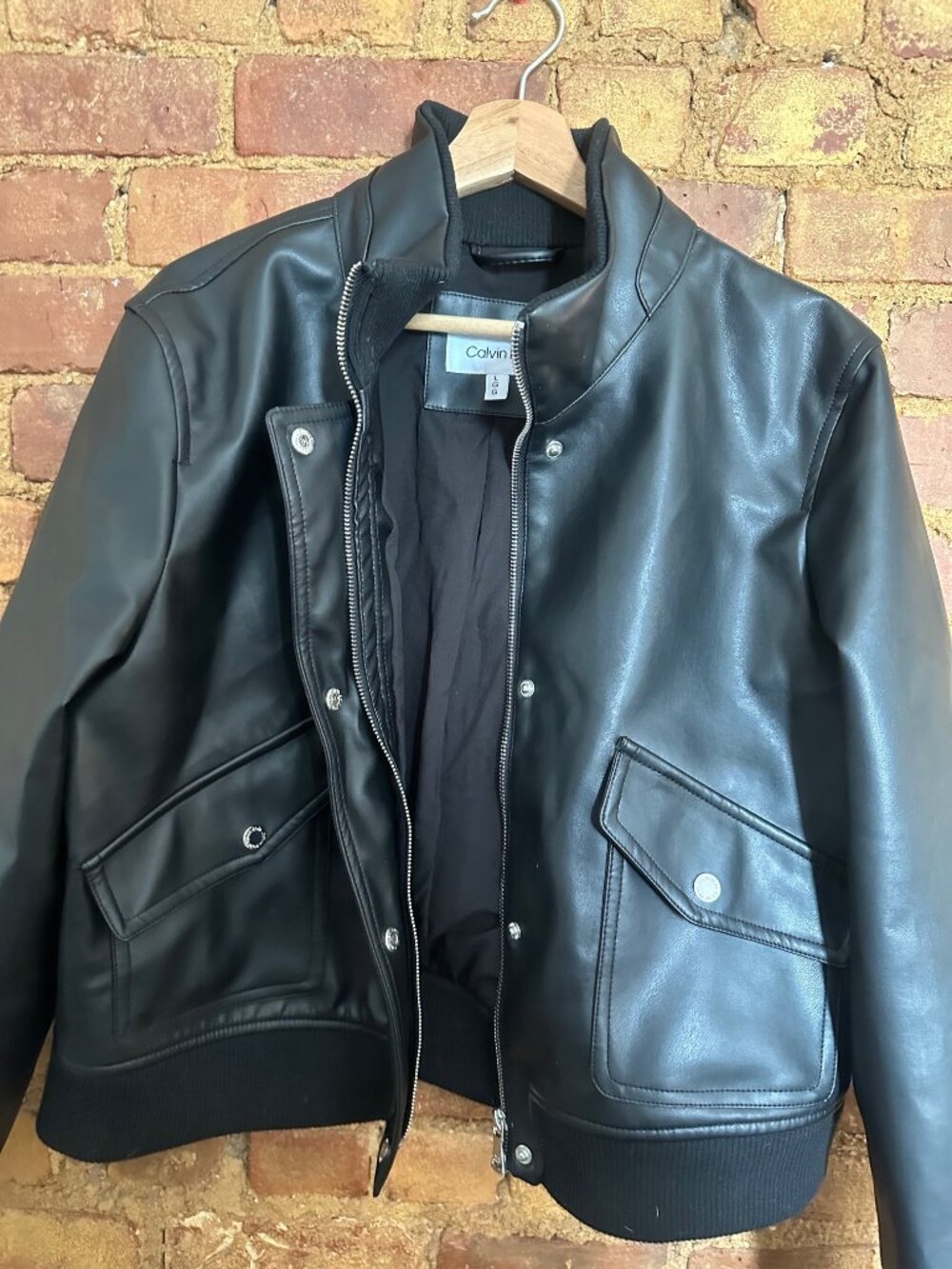 Calvin Klein Black Faux Leather Bomber Jacket Size L Ribbed Trim